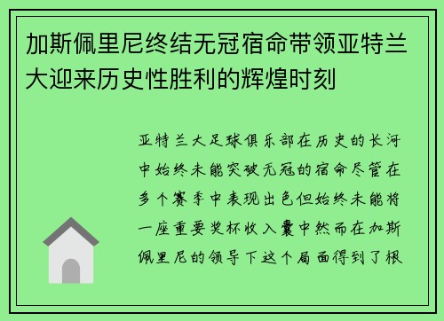 加斯佩里尼终结无冠宿命带领亚特兰大迎来历史性胜利的辉煌时刻