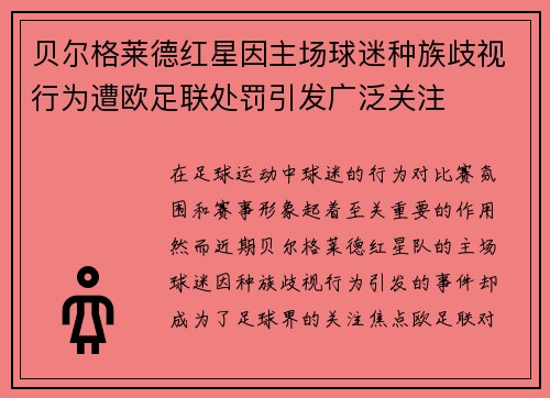 贝尔格莱德红星因主场球迷种族歧视行为遭欧足联处罚引发广泛关注 贝尔格莱德红星因主场球迷种族歧视行为遭欧足联处罚引发广泛关注