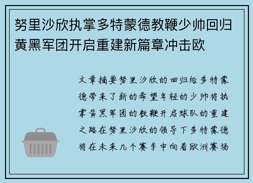 努里沙欣执掌多特蒙德教鞭少帅回归黄黑军团开启重建新篇章冲击欧